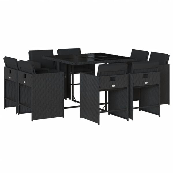 vidaXL 9 Piece Garden Dining Set with Cushions Black Poly Rattan