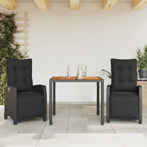 vidaXL 3 Piece Garden Dining Set with Cushions Black Poly Rattan