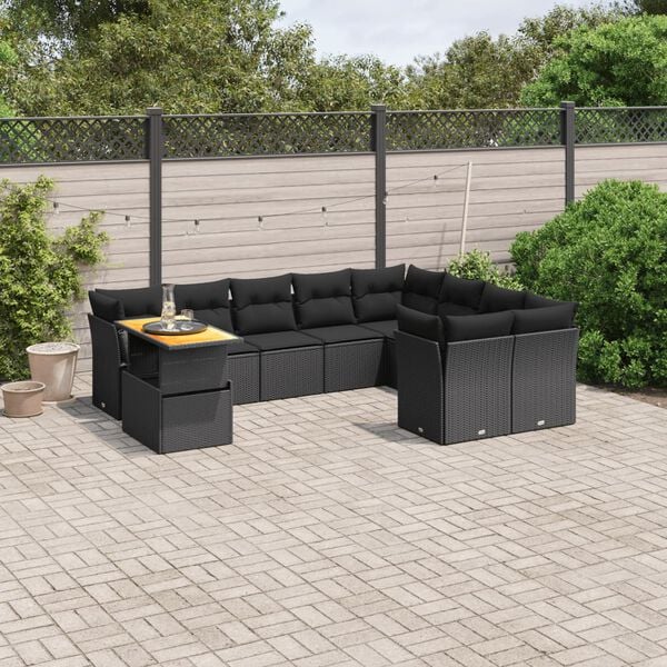 vidaXL 10 Piece Garden Sofa Set with Cushions Black Poly Rattan