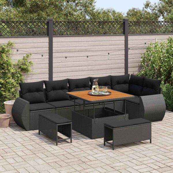 vidaXL Garden Sofa Set with Cushion 9 pcs Black Poly Rattan