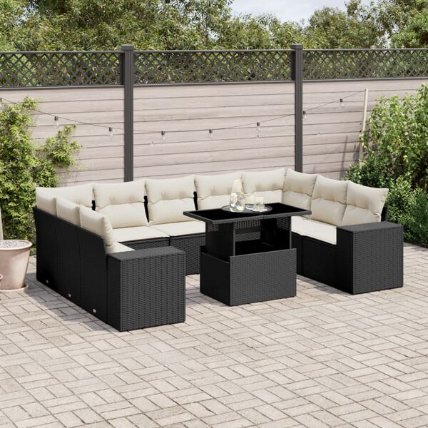 vidaXL 10 Piece Garden Sofa Set with Cushions Black Poly Rattan