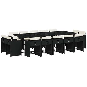 vidaXL 15 Piece Garden Dining Set with Cushions Black Poly Rattan