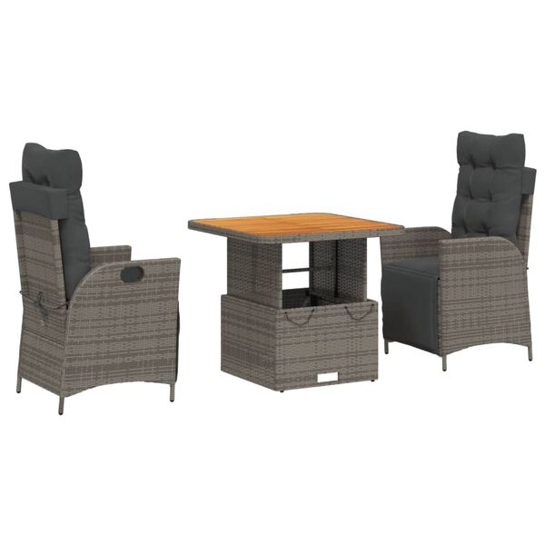 vidaXL 3 Piece Garden Dining Set with Cushions Grey Poly Rattan