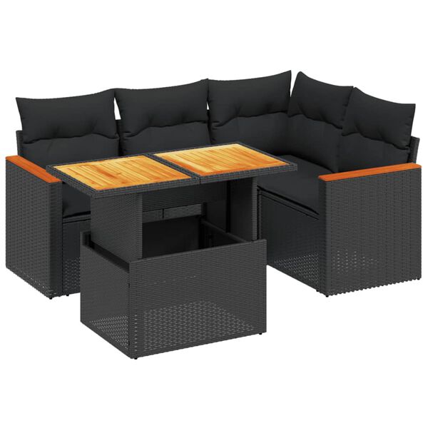vidaXL 5 Piece Garden Sofa Set with Cushions Black Poly Rattan