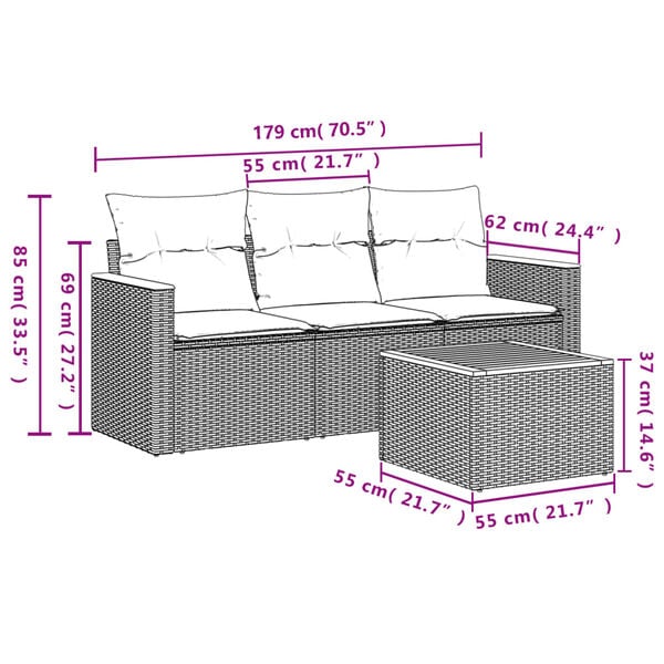 vidaXL 4 Piece Garden Sofa Set with Cushions Grey Poly Rattan