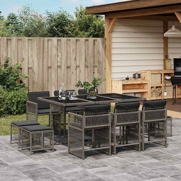 vidaXL 11 Piece Garden Dining Set with Cushions Grey Poly Rattan