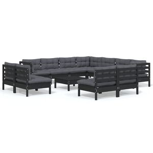 vidaXL 12 Piece Garden Lounge Set with Cushions Black Solid Pinewood