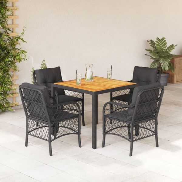 vidaXL 5 Piece Garden Dining Set with Cushions Black Poly Rattan