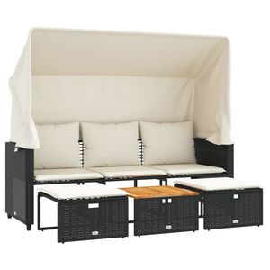 vidaXL Garden Sofa 3-Seater with Canopy and Stools Black Poly Rattan