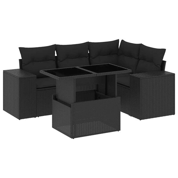 vidaXL 5 Piece Garden Sofa Set with Cushions Black Poly Rattan