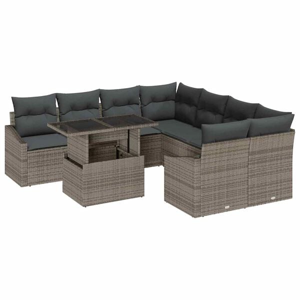 vidaXL Garden Sofa Set with Storage 9 pcs Grey Poly rattan