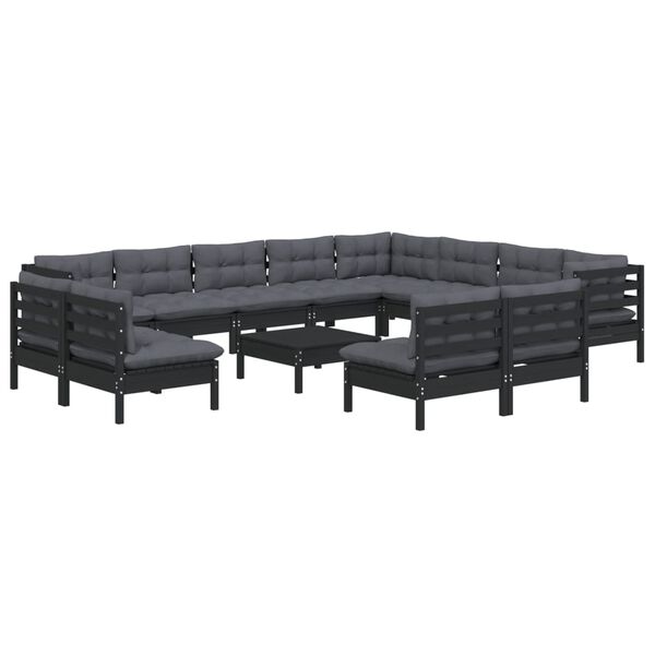 vidaXL 13 Piece Garden Lounge Set with Cushions Black Solid Pinewood