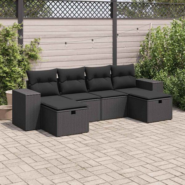 vidaXL 6 Piece Garden Sofa Set with Cushions Black Poly Rattan