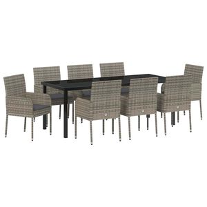 vidaXL Garden Dining Set with Cushion 9 pcs Grey Poly Rattan