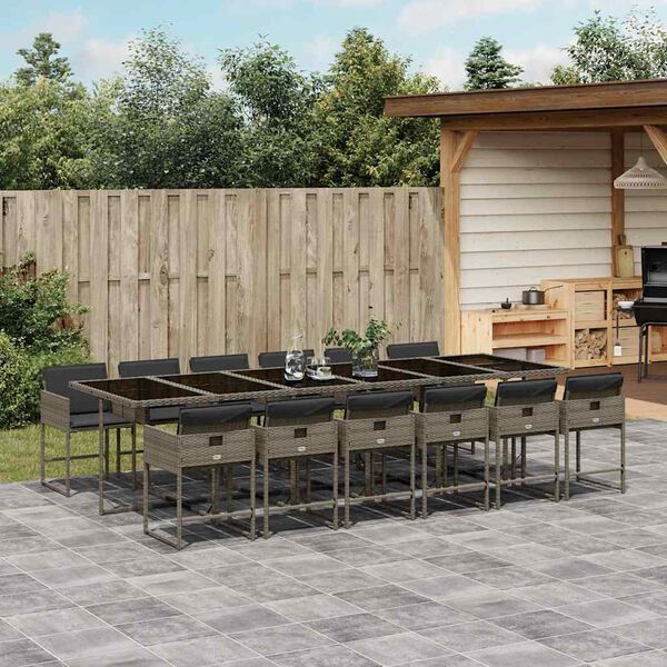 vidaXL 13 Piece Garden Dining Set with Cushions Grey Poly Rattan