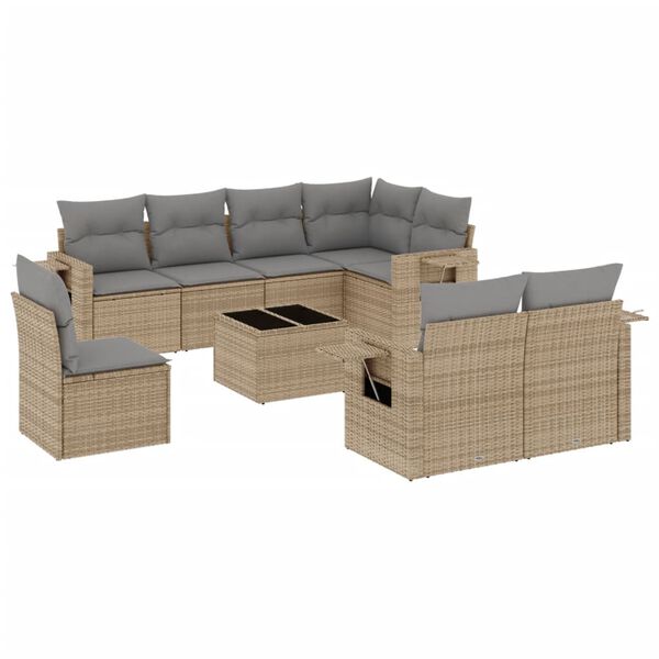 vidaXL 9 Piece Garden Sofa Set with Cushions Beige Poly Rattan