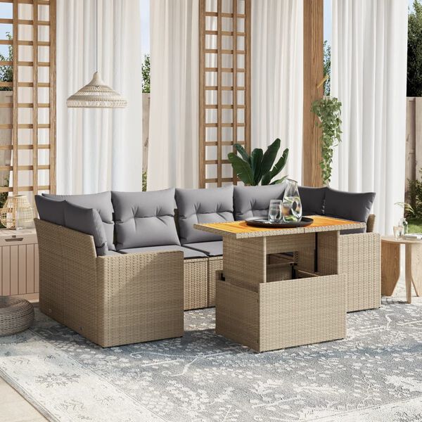 vidaXL 7 Piece Garden Sofa Set with Cushions Beige Poly Rattan