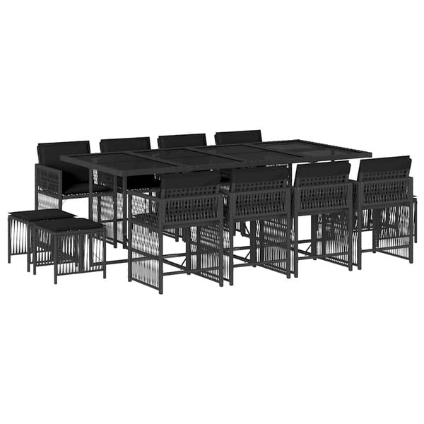 vidaXL 13 Piece Garden Dining Set with Cushions Black Poly Rattan