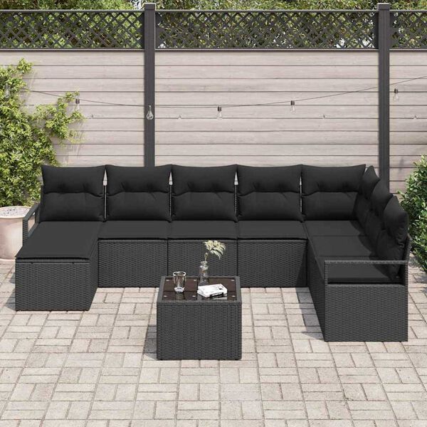 vidaXL Sofa Set with Cushion with Storage 9 pcs Black Poly Rattan