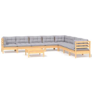 vidaXL 9 Piece Garden Lounge Set with Grey Cushions Solid Pinewood
