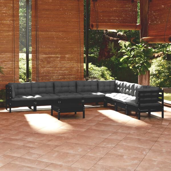 vidaXL 9 Piece Garden Lounge Set with Cushions Black Solid Pinewood