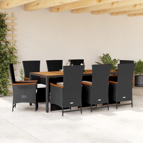 vidaXL 9 Piece Garden Dining Set with Cushions Black Poly Rattan