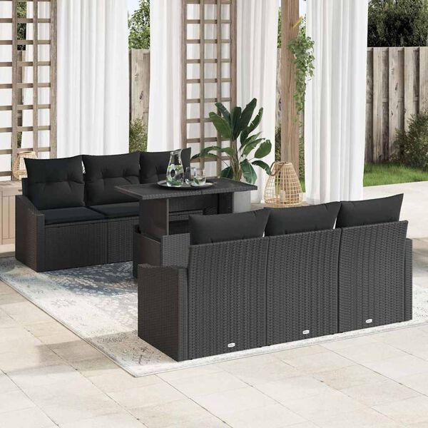 vidaXL Garden Sofa Set with Cushion 7 pcs Black Poly Rattan
