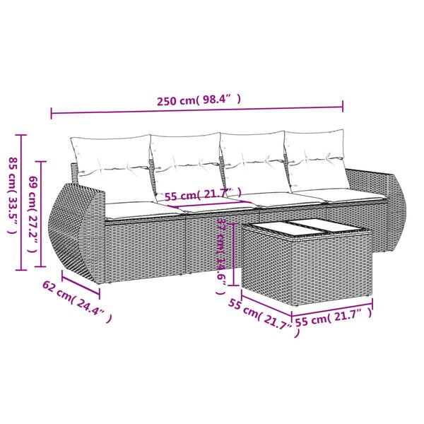 vidaXL 5 Piece Garden Sofa Set with Cushions Grey Poly Rattan