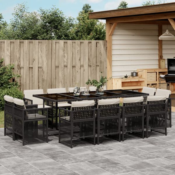 vidaXL 13 Piece Garden Dining Set with Cushions Black Poly Rattan