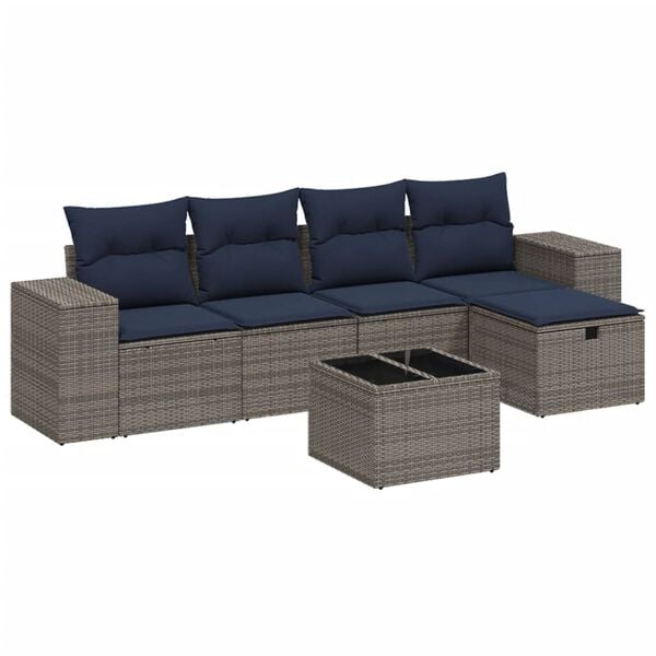 vidaXL 6 Piece Garden Sofa Set with Cushions Grey Poly Rattan