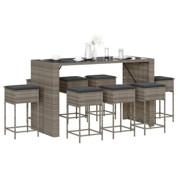 vidaXL 9 Piece Garden Bar Set with Cushions Grey Poly Rattan