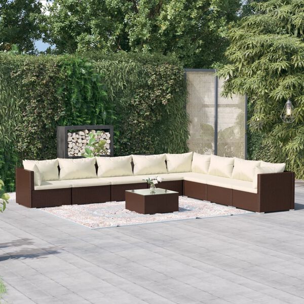 vidaXL 9 Piece Garden Lounge Set with Cushions Poly Rattan Brown