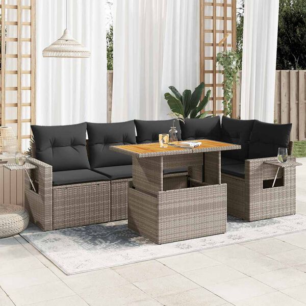 vidaXL 6 Piece Garden Sofa Set with Cushions Grey Poly Rattan