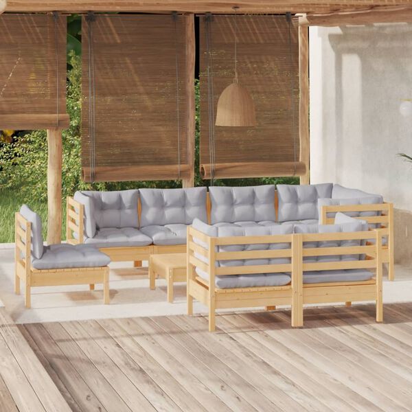 vidaXL 9 Piece Garden Lounge Set with Grey Cushions Solid Pinewood