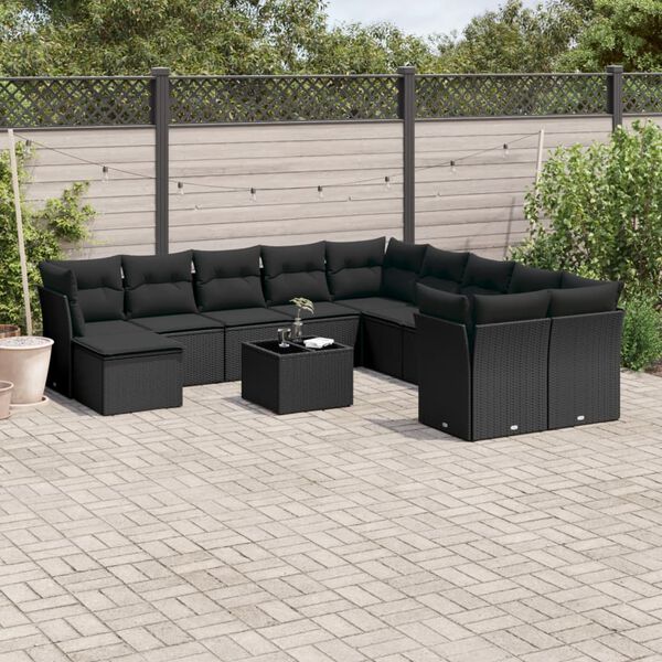 vidaXL 12 Piece Garden Sofa Set with Cushions Black Poly Rattan