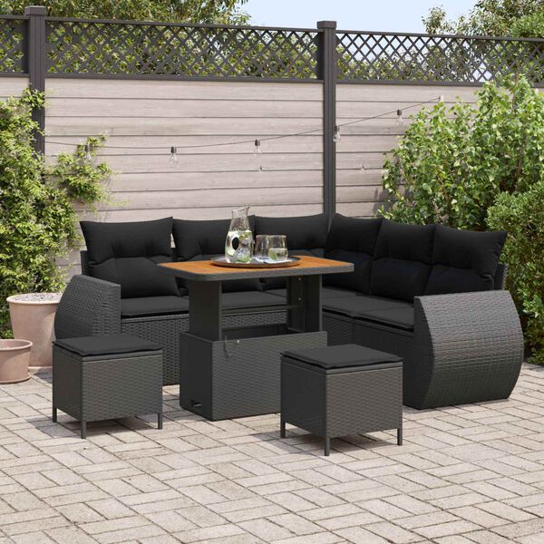 vidaXL Garden Sofa Set Height-Adjustable 8 pcs Black Poly Rattan
