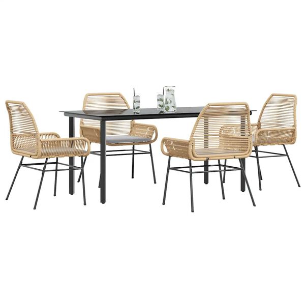 vidaXL 5 Piece Garden Dining Set with Cushions Brown Poly Rattan Glass