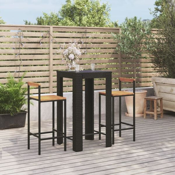 vidaXL 3 Piece Garden Bar Set Black Poly Rattan&Solid Wood Acacia