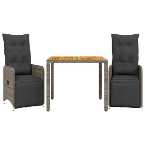 vidaXL 3 Piece Garden Bistro Set with Cushions Grey Poly Rattan