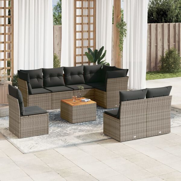 vidaXL 9 Piece Garden Sofa Set with Cushions Grey Poly Rattan