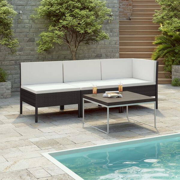 vidaXL 3 Piece Garden Lounge Set with Cushions Poly Rattan Black