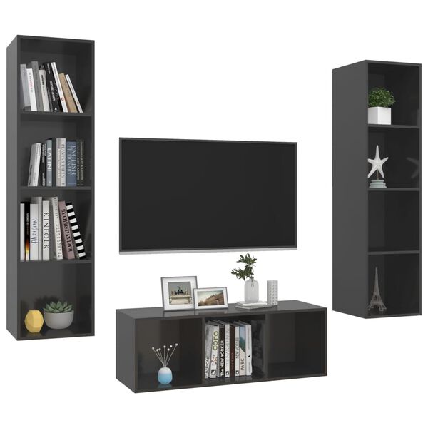 vidaXL 3 Piece TV Cabinet Set High Gloss Grey Engineered Wood