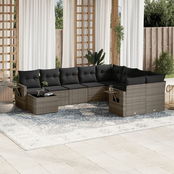 vidaXL 10 Piece Garden Sofa Set with Cushions Grey Poly Rattan