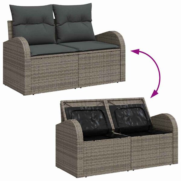 vidaXL Garden Sofa Set with Storage with Pillow 8 pcs Grey Poly Rattan