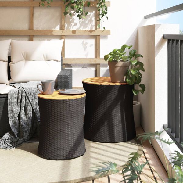 vidaXL Garden Side Tables 2 pcs with Wooden Top Black Poly Rattan