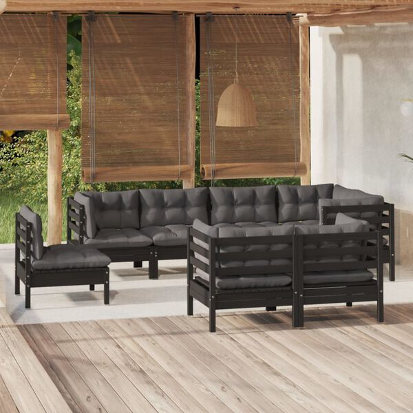 vidaXL 8 Piece Garden Lounge Set with Cushions Black Solid Pinewood