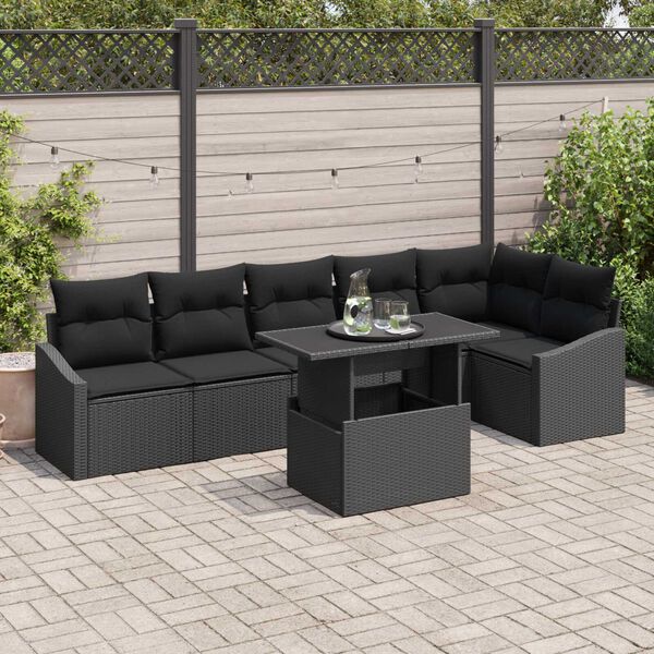 vidaXL Garden Sofa Set 7 pcs Black Poly Rattan & Powder-Coated Steel