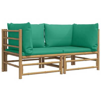 vidaXL Garden Corner Sofas with Green Cushions 2 pcs Bamboo