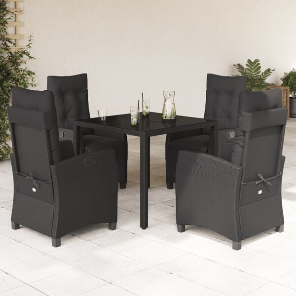 vidaXL 5 Piece Garden Dining Set with Cushions Black Poly Rattan