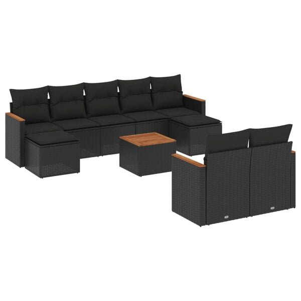 vidaXL 10 Piece Garden Sofa Set with Cushions Black Poly Rattan